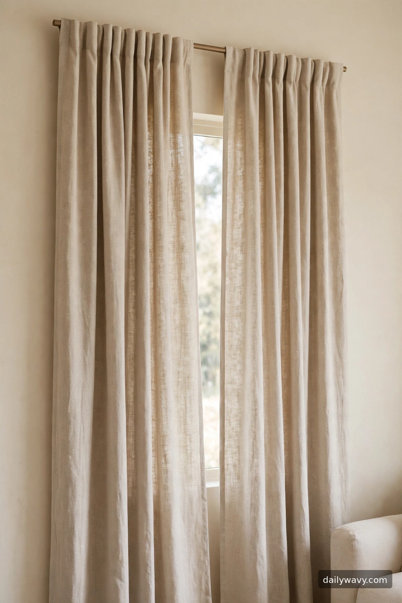 A soft neutral fabric curtain with simple folds hanging in a living room