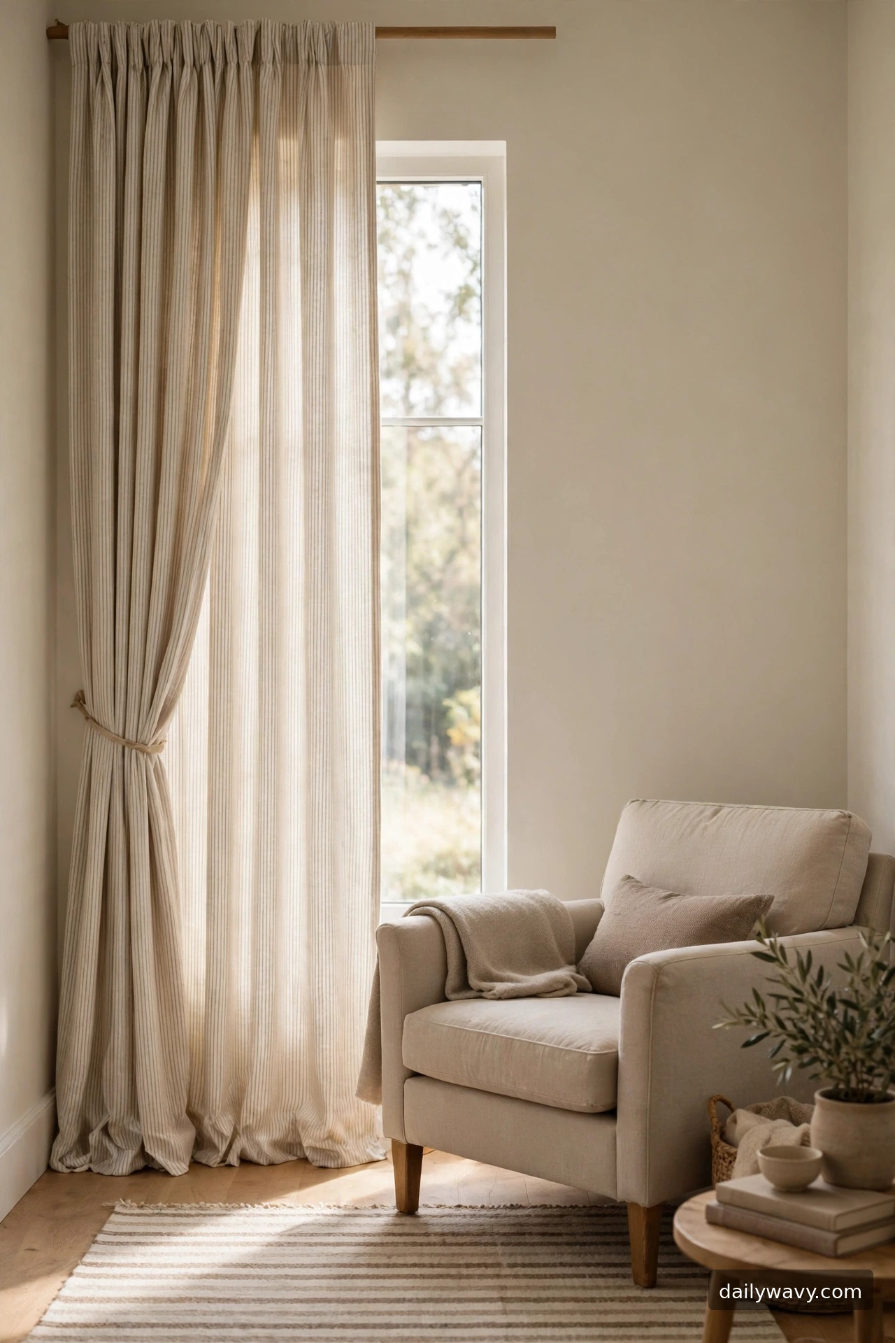 A subtle stripe curtain echoing room colors beside a living room window