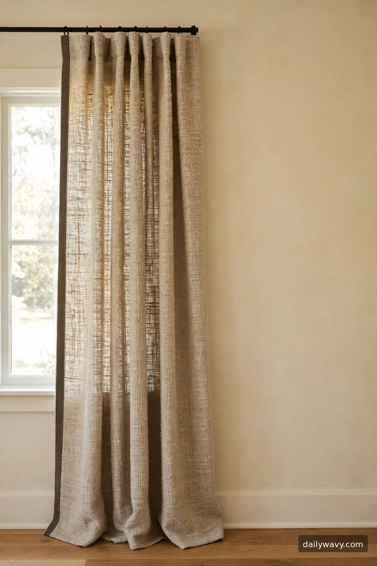 A textured weave curtain with restrained trim on a living room window