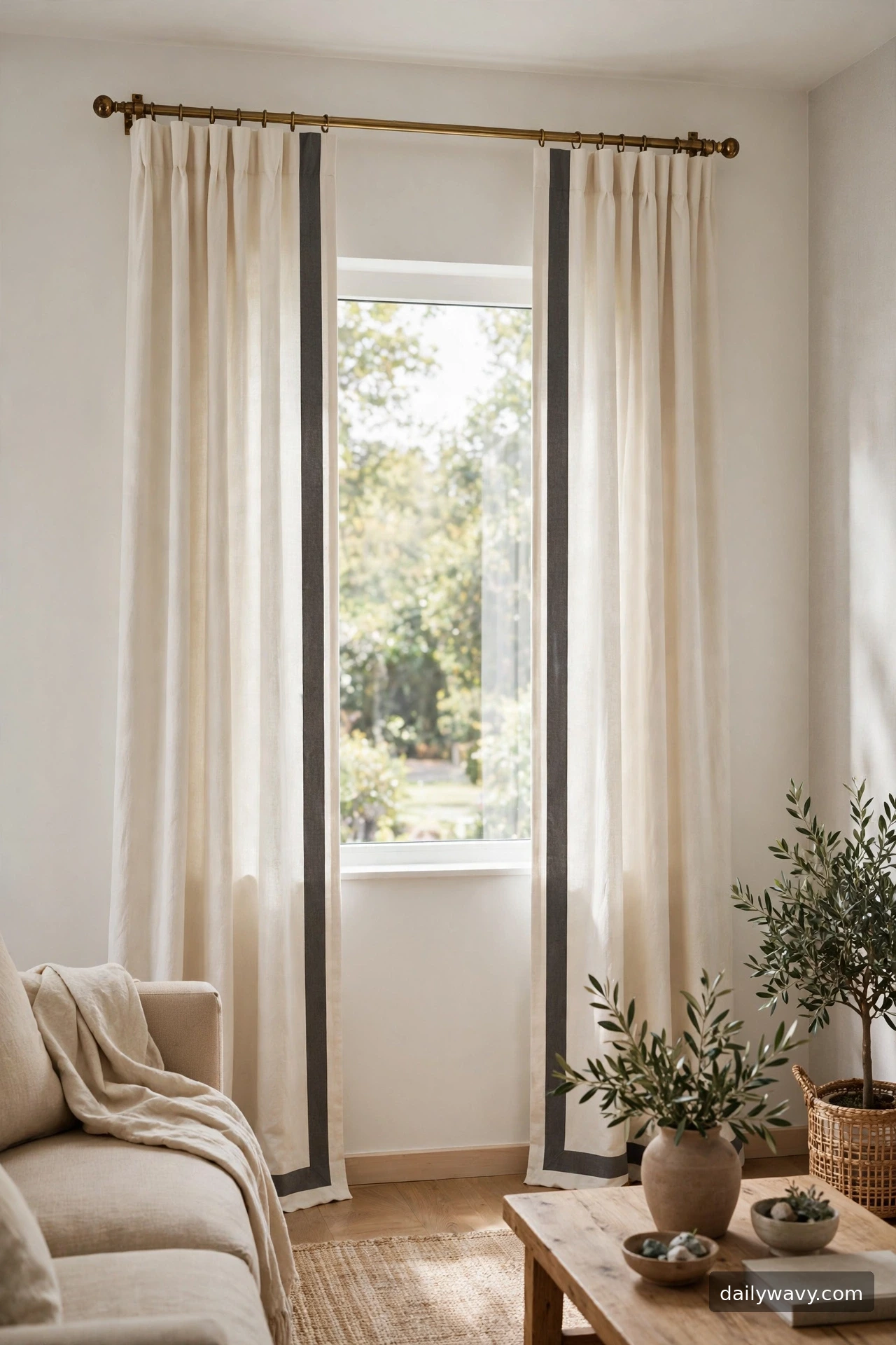 A contrast border curtain framing a living room window opening