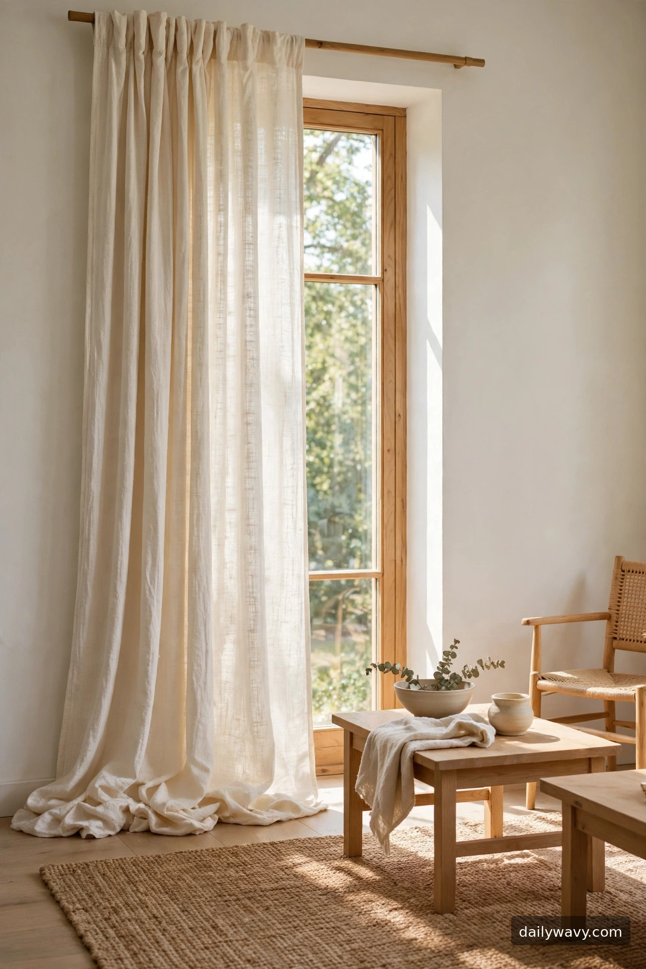 A warm white curtain fabric with natural texture in a living room