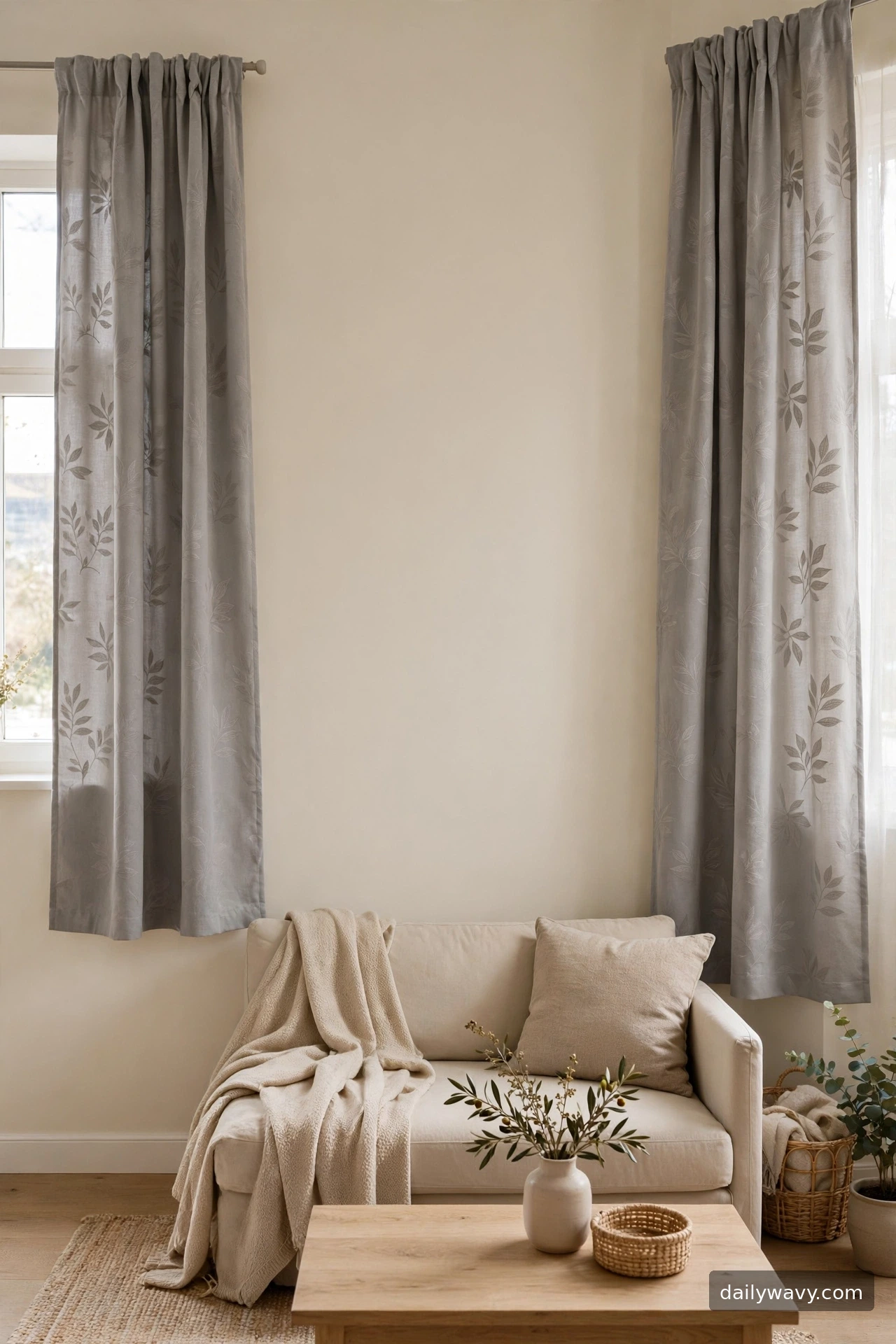 A tonal pattern curtain with plain surroundings in a living room