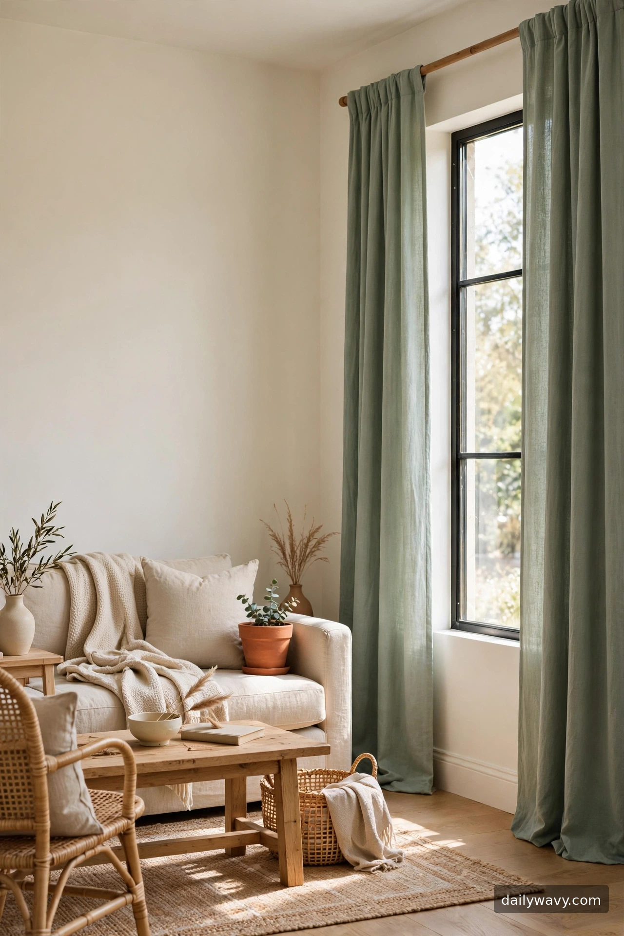 A muted accent color curtain in a living room