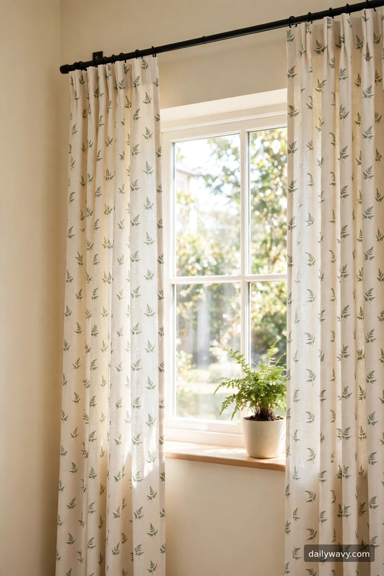 A small-scale botanical motif curtain in a living room