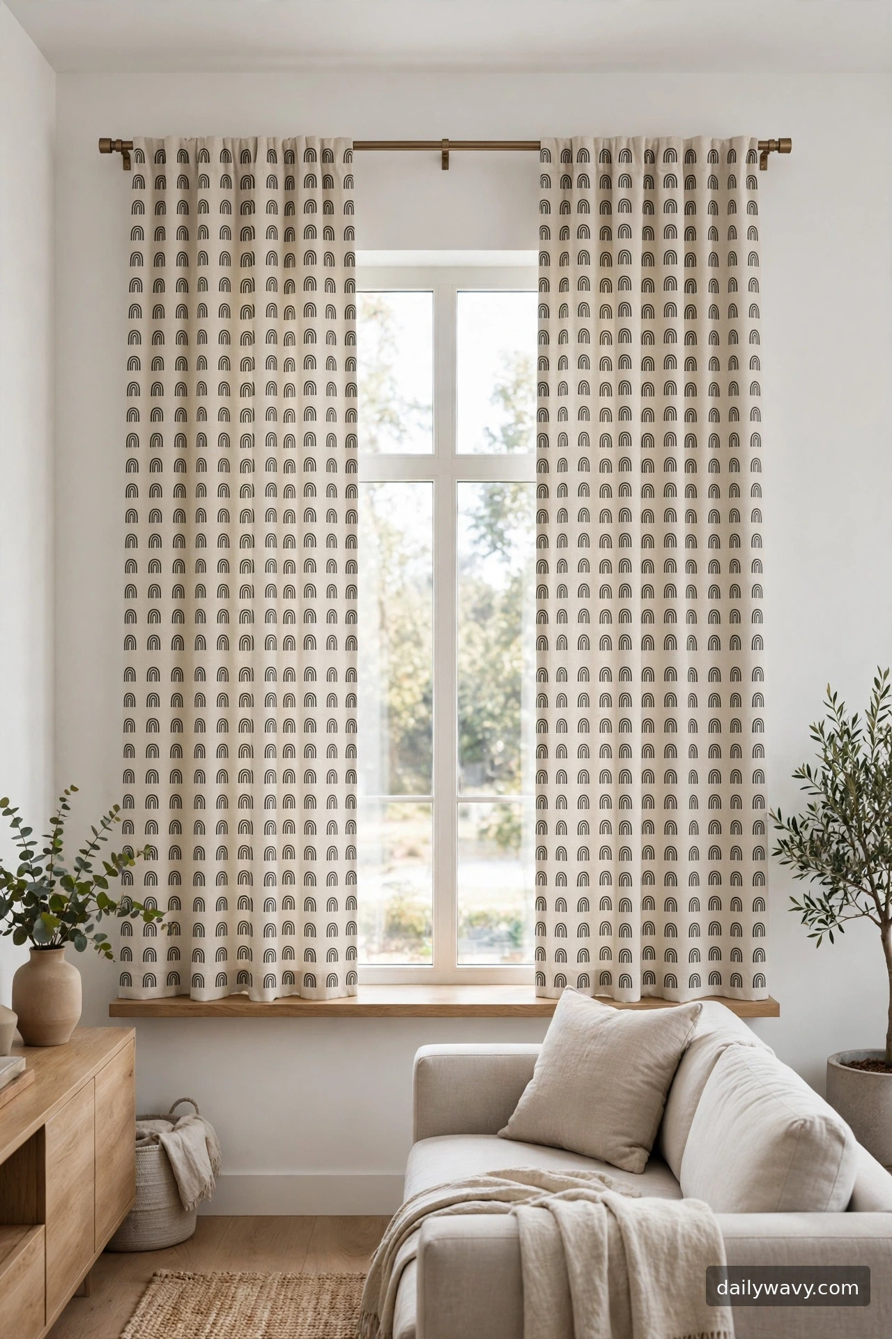 A clean geometric repeat curtain in a living room
