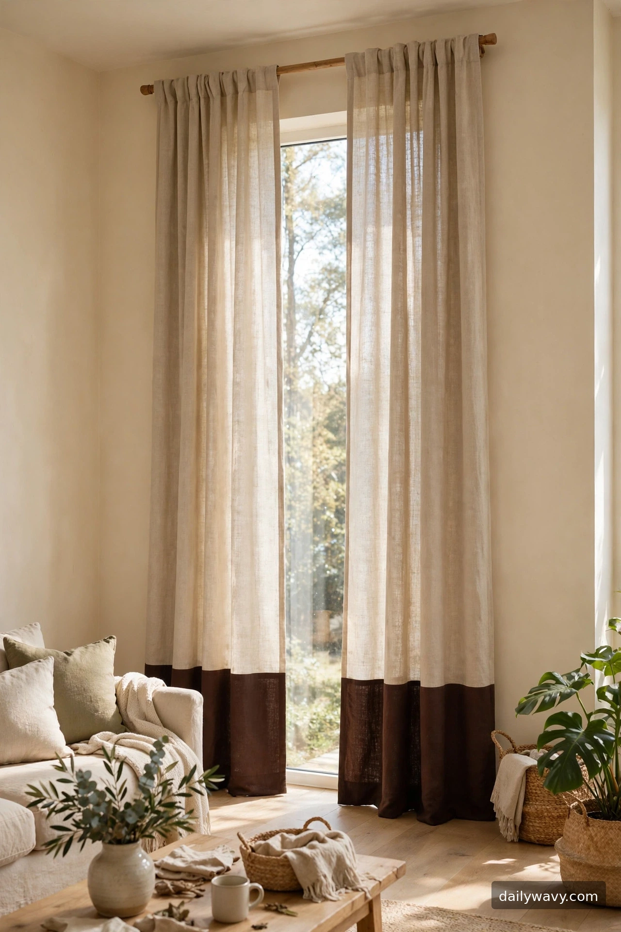 A darker trim against a light field on a living room curtain