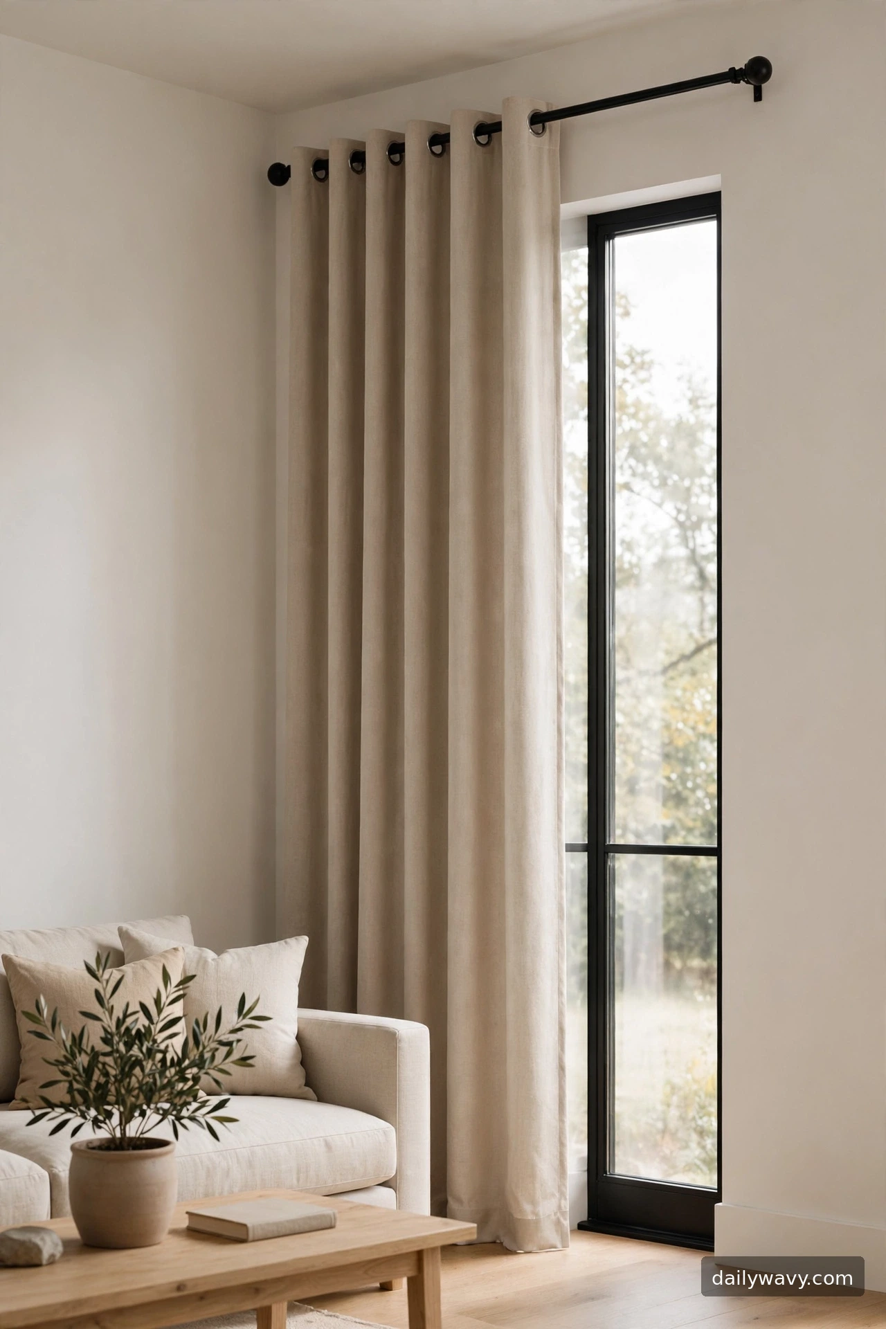 A plain curtain treatment with simple hardware in a living room