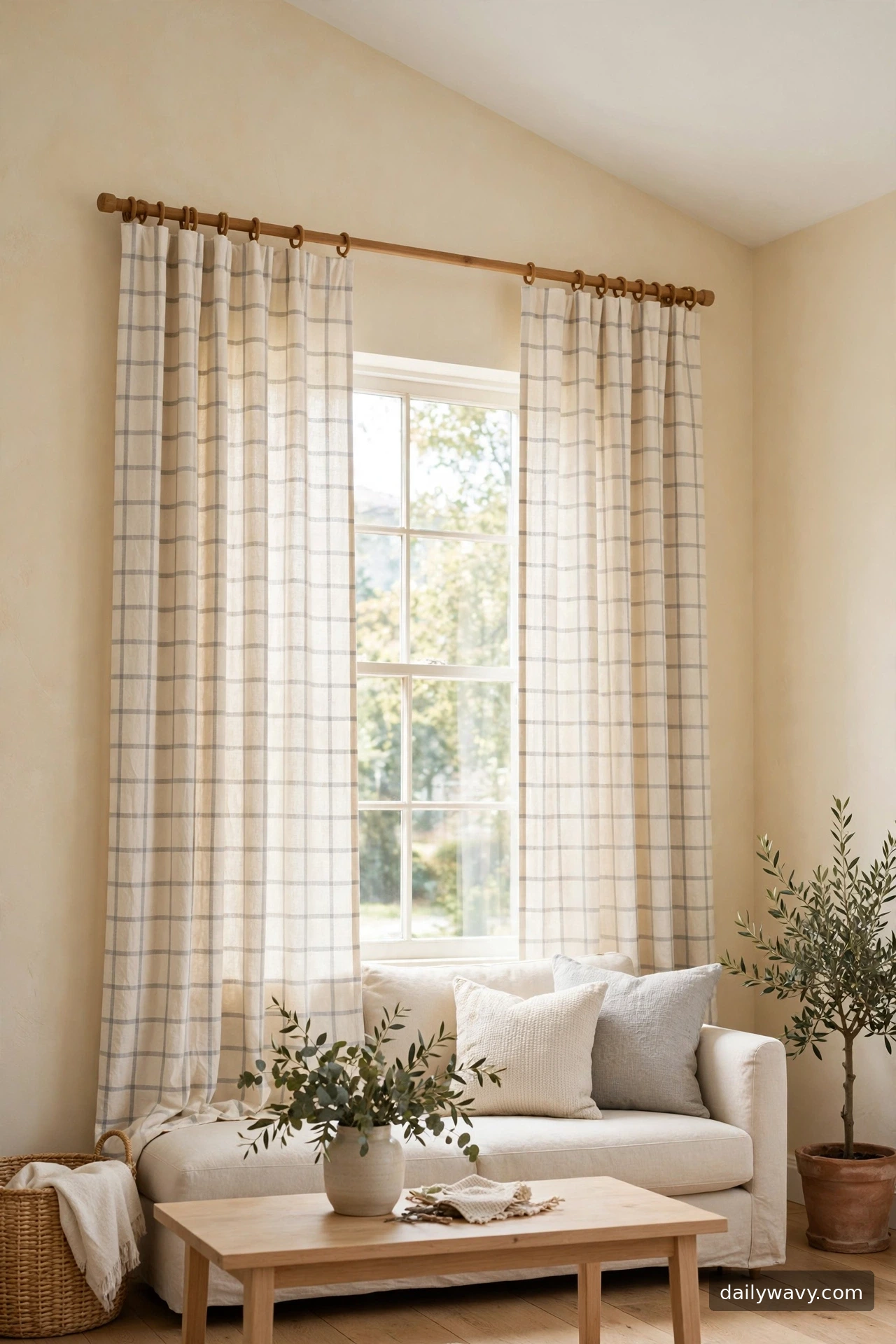 A soft check pattern curtain in a living room