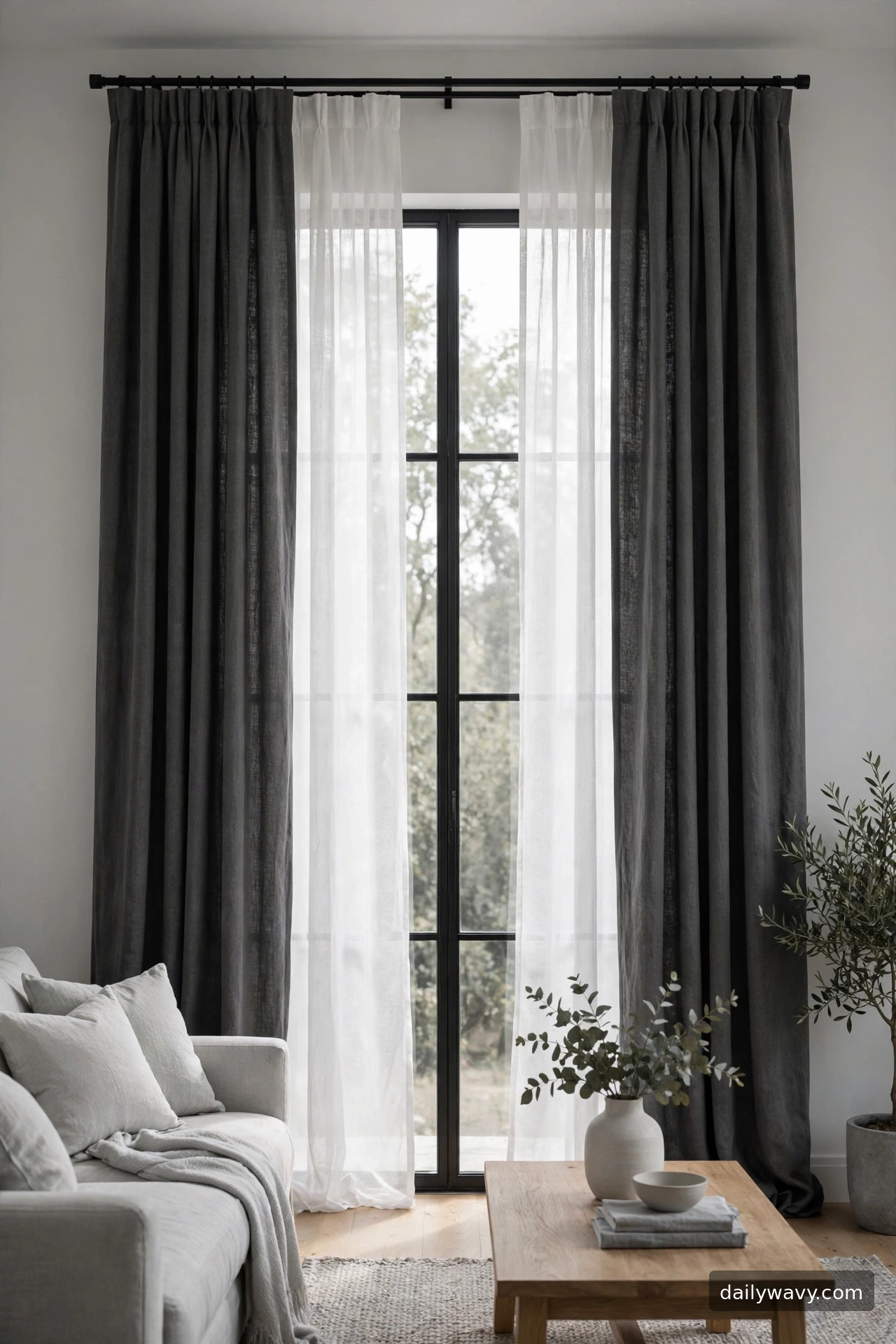 A calm monochrome pairing of living room curtains