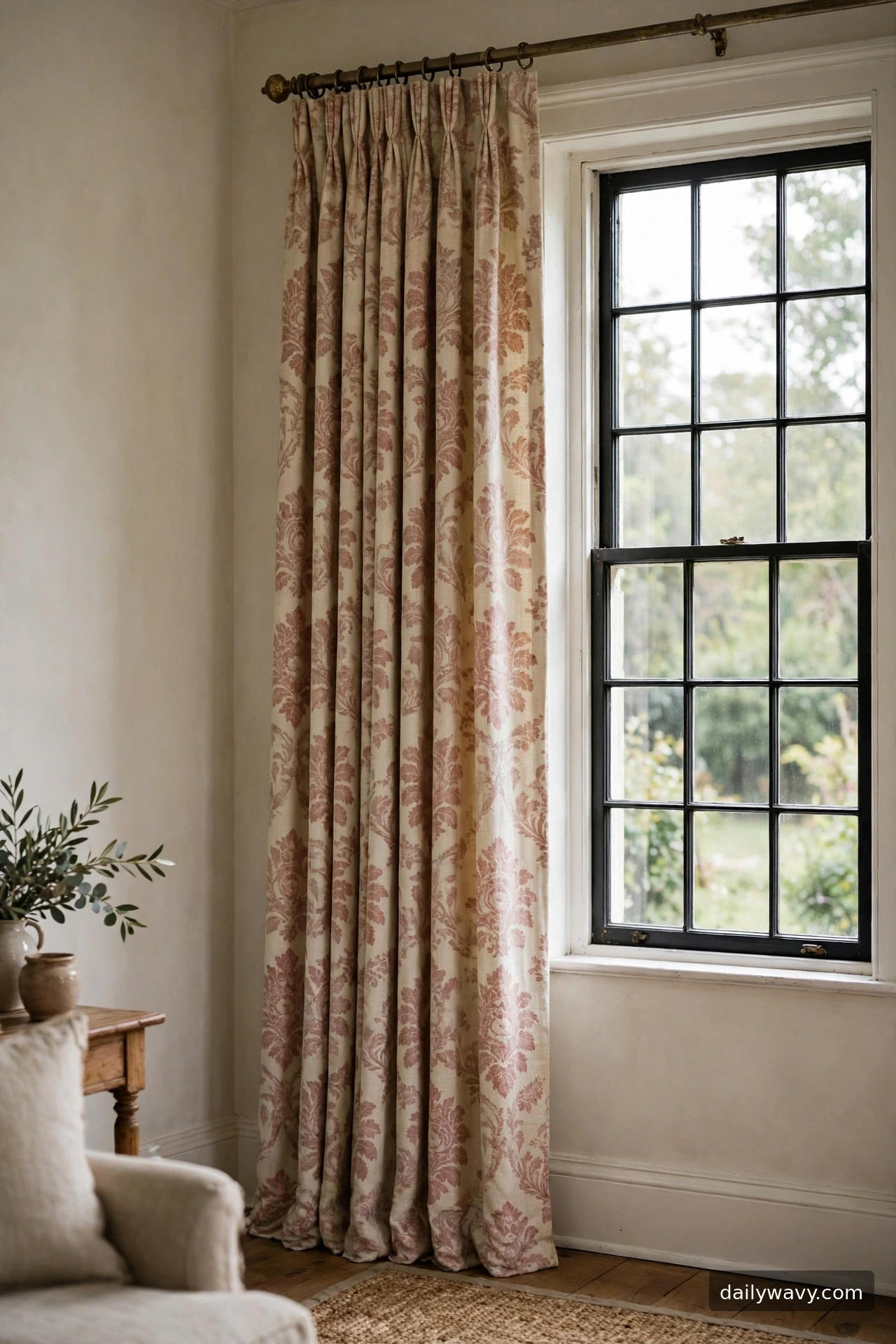 A restrained vintage-style curtain fabric in a living room