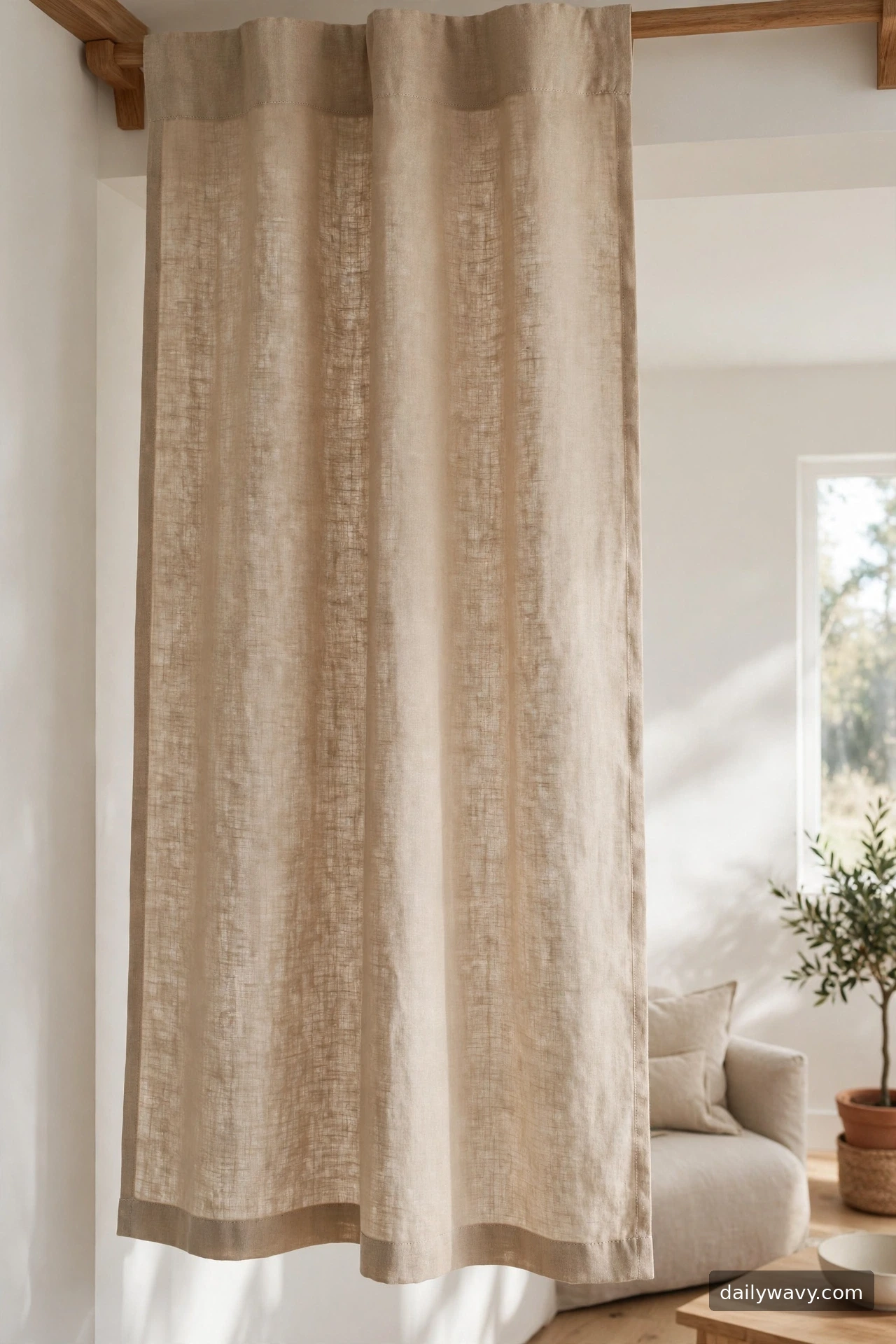 A linen-look curtain with neat hems in a living room