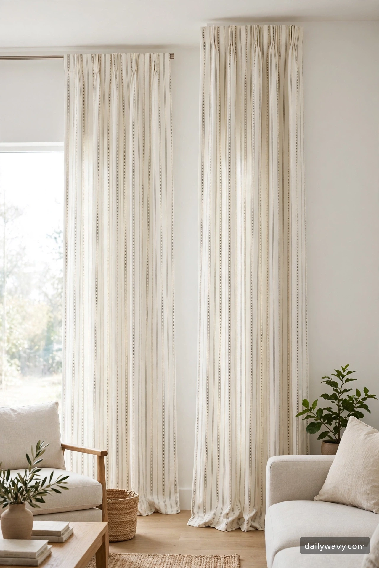 A delicate vertical pattern curtain in a living room