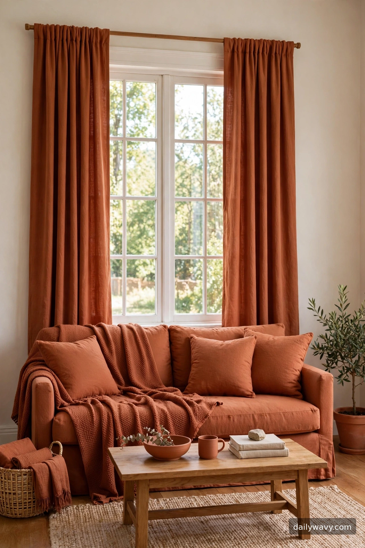 A simple solid color curtain repeated in living room textiles