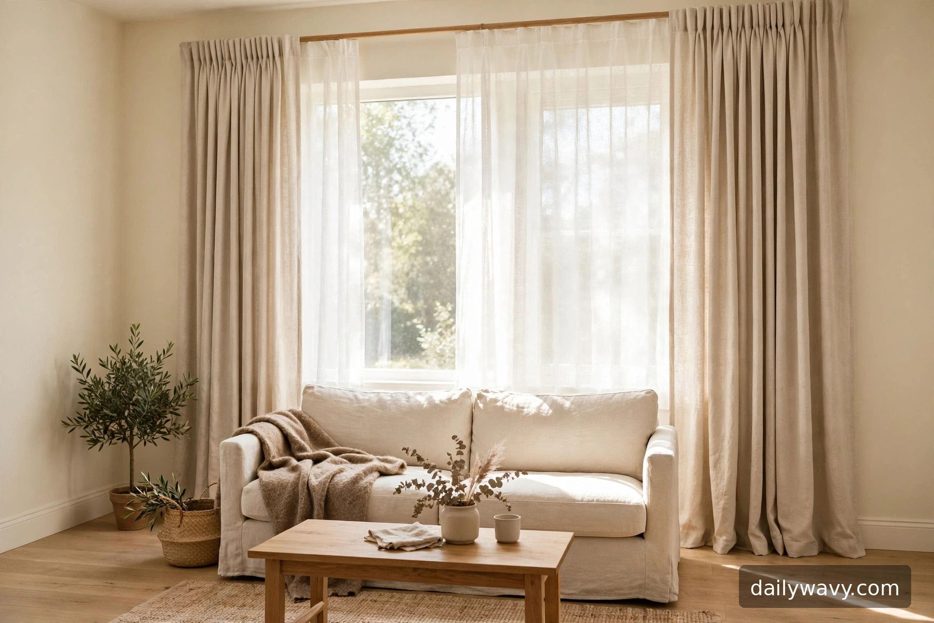 A living room with soft neutral fabric curtains in simple folds, straight walls, natural light, restrained warm neutrals