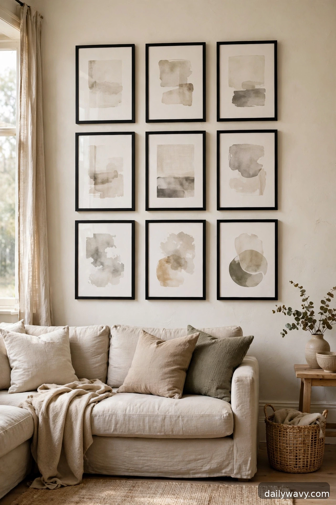 A balanced grid of similar sizes in a living room gallery wall