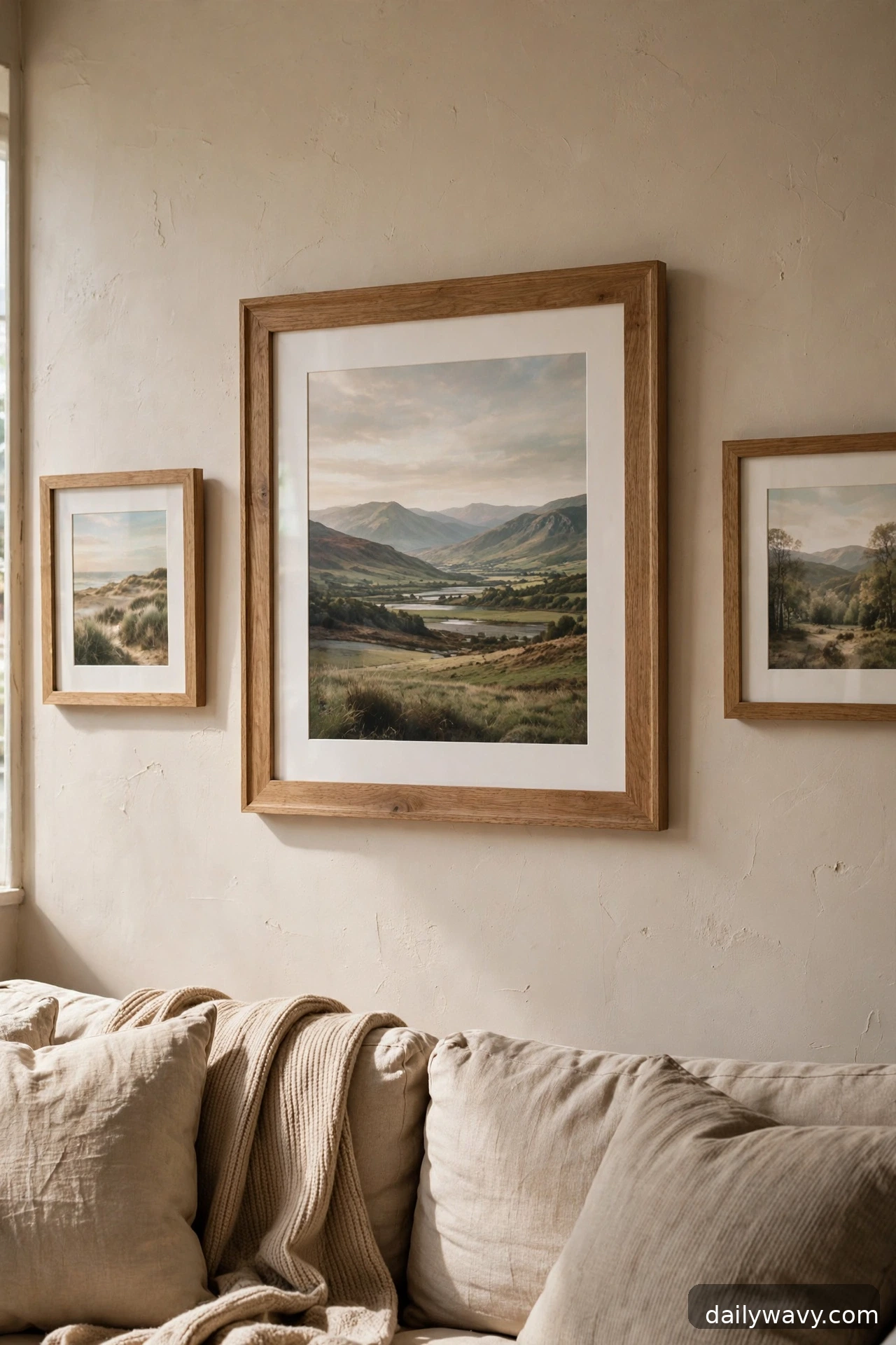 One central piece with smaller companions in a living room gallery wall