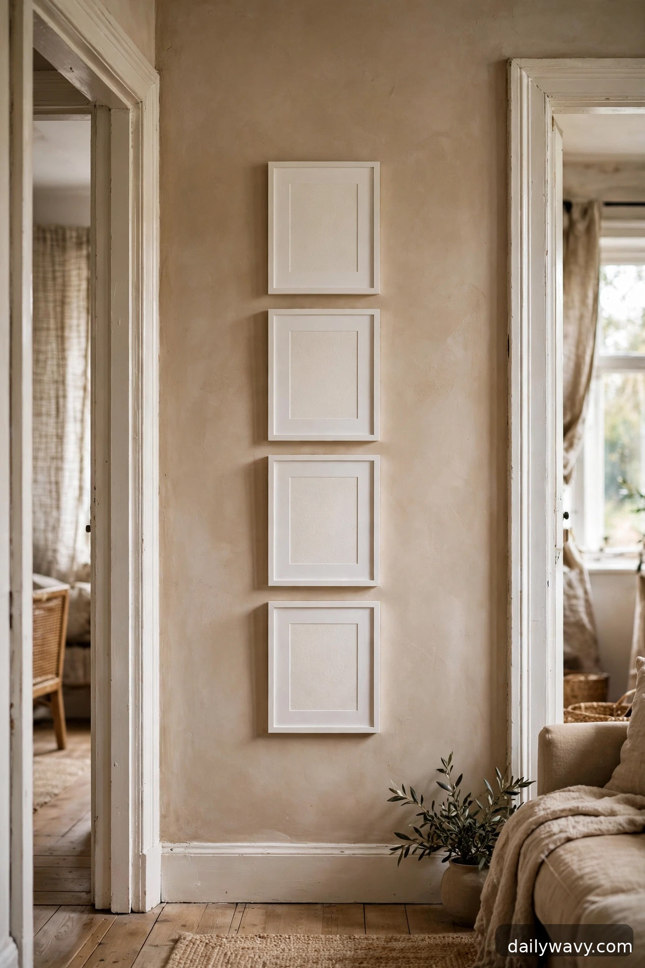 A vertical arrangement in a narrow area in a living room gallery wall