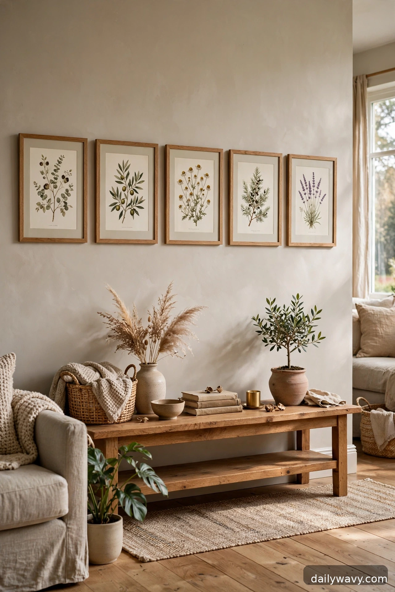A horizontal row above furniture in a living room gallery wall