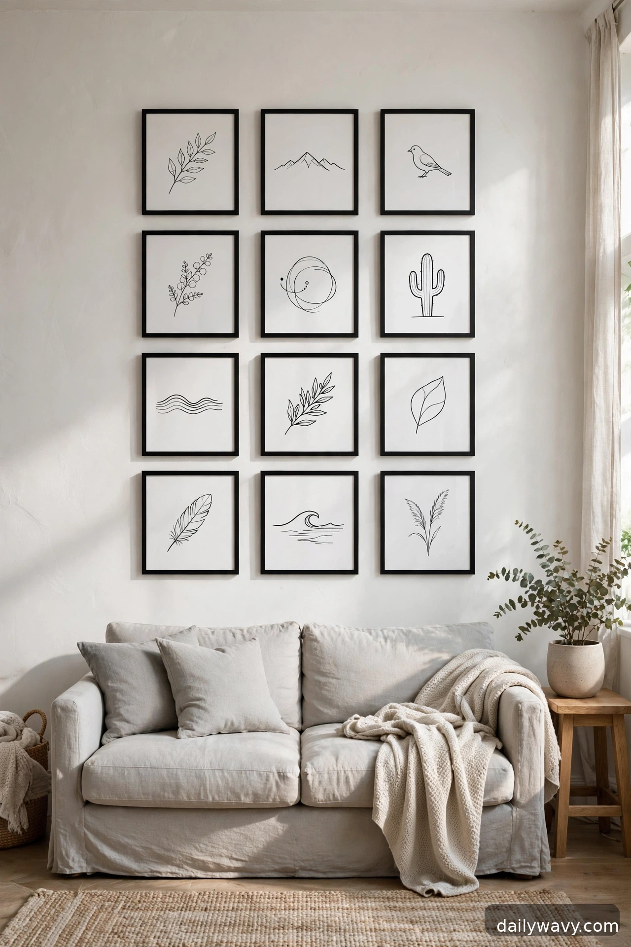 A restrained two-color composition in a living room gallery wall