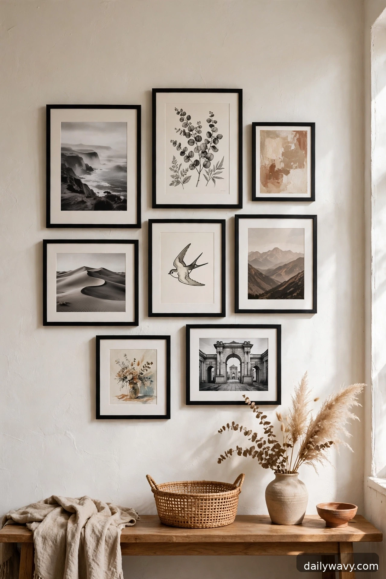 A group unified by one frame finish in a living room gallery wall