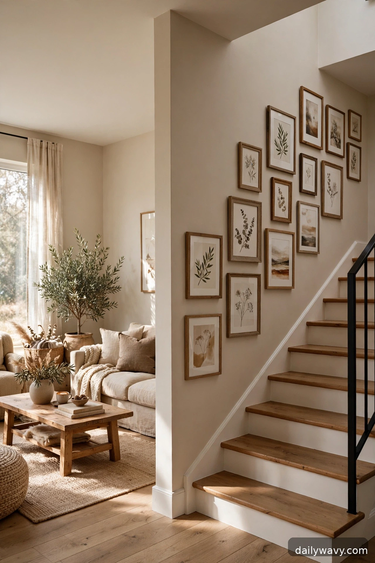 An arrangement following the wall shape in a living room gallery wall