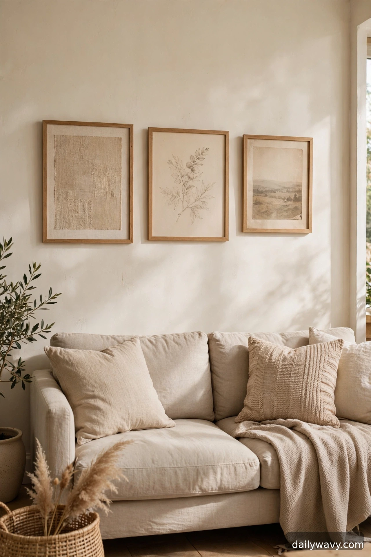A subtle tonal grouping in a living room gallery wall