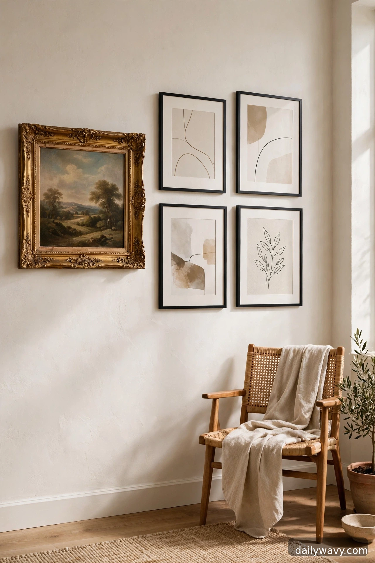 A vintage-and-modern mix in a living room gallery wall