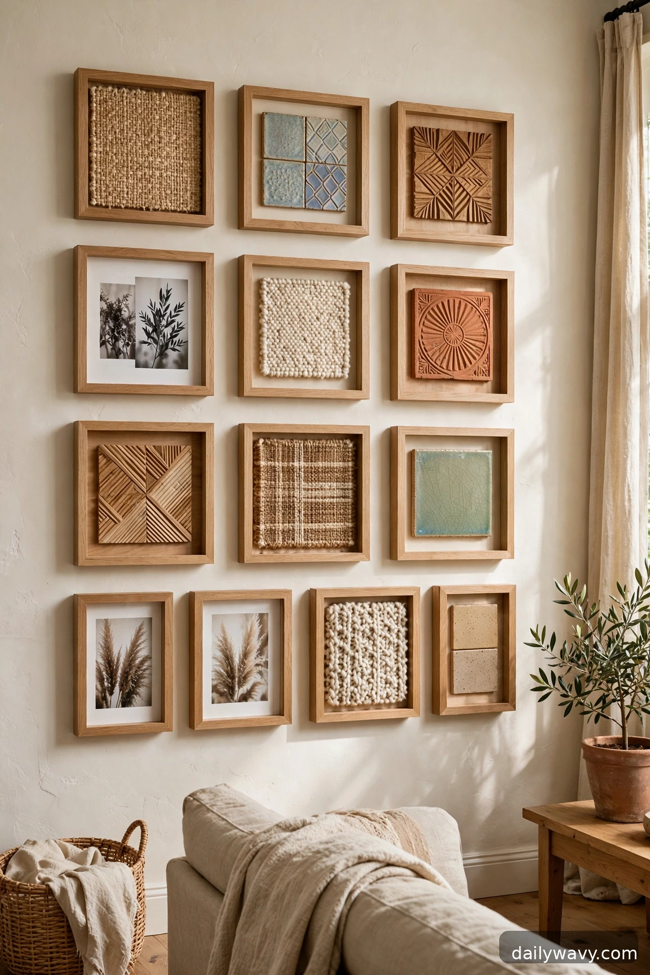 A repeated shape with varied textures in a living room gallery wall