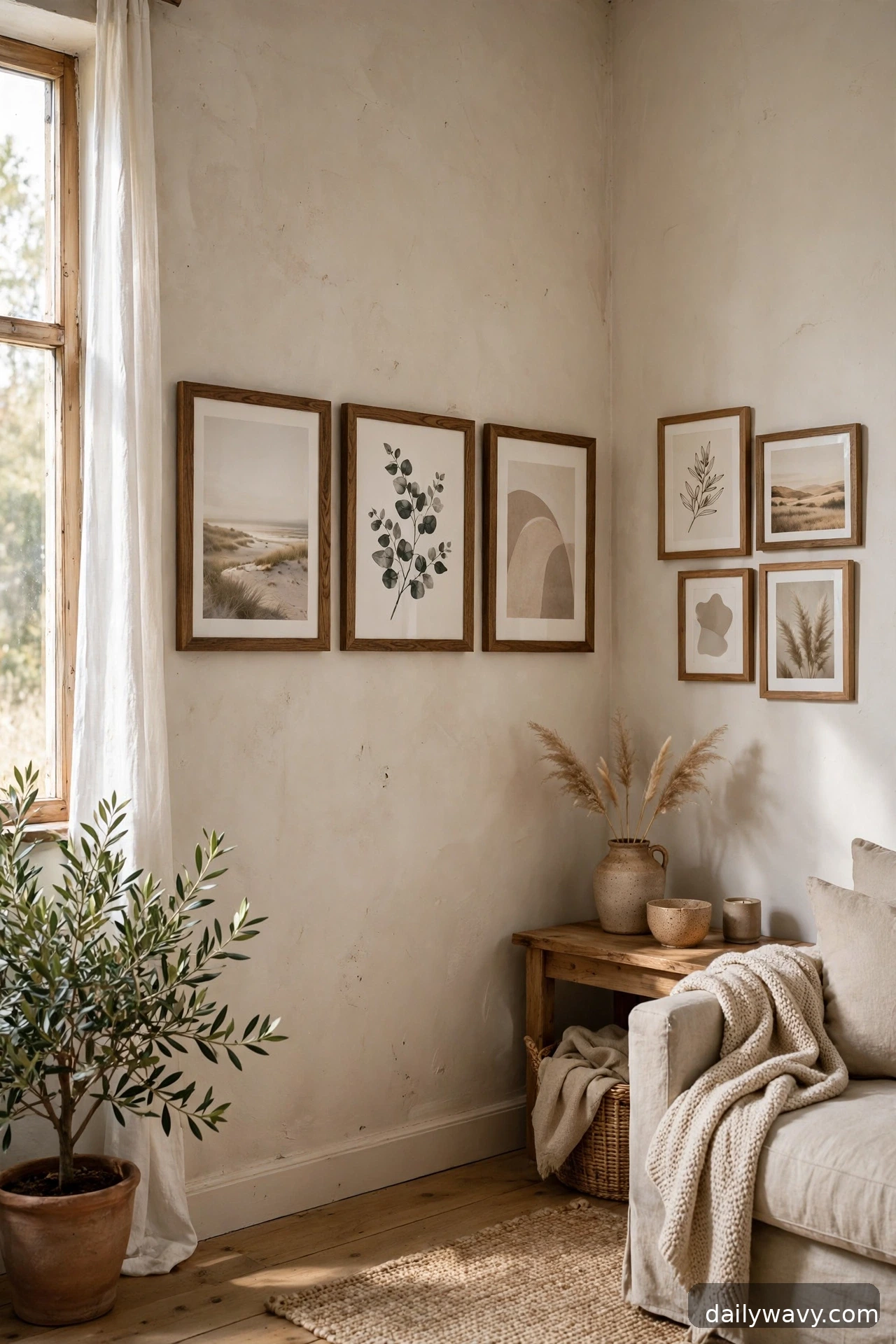 A corner-spanning arrangement in a living room gallery wall