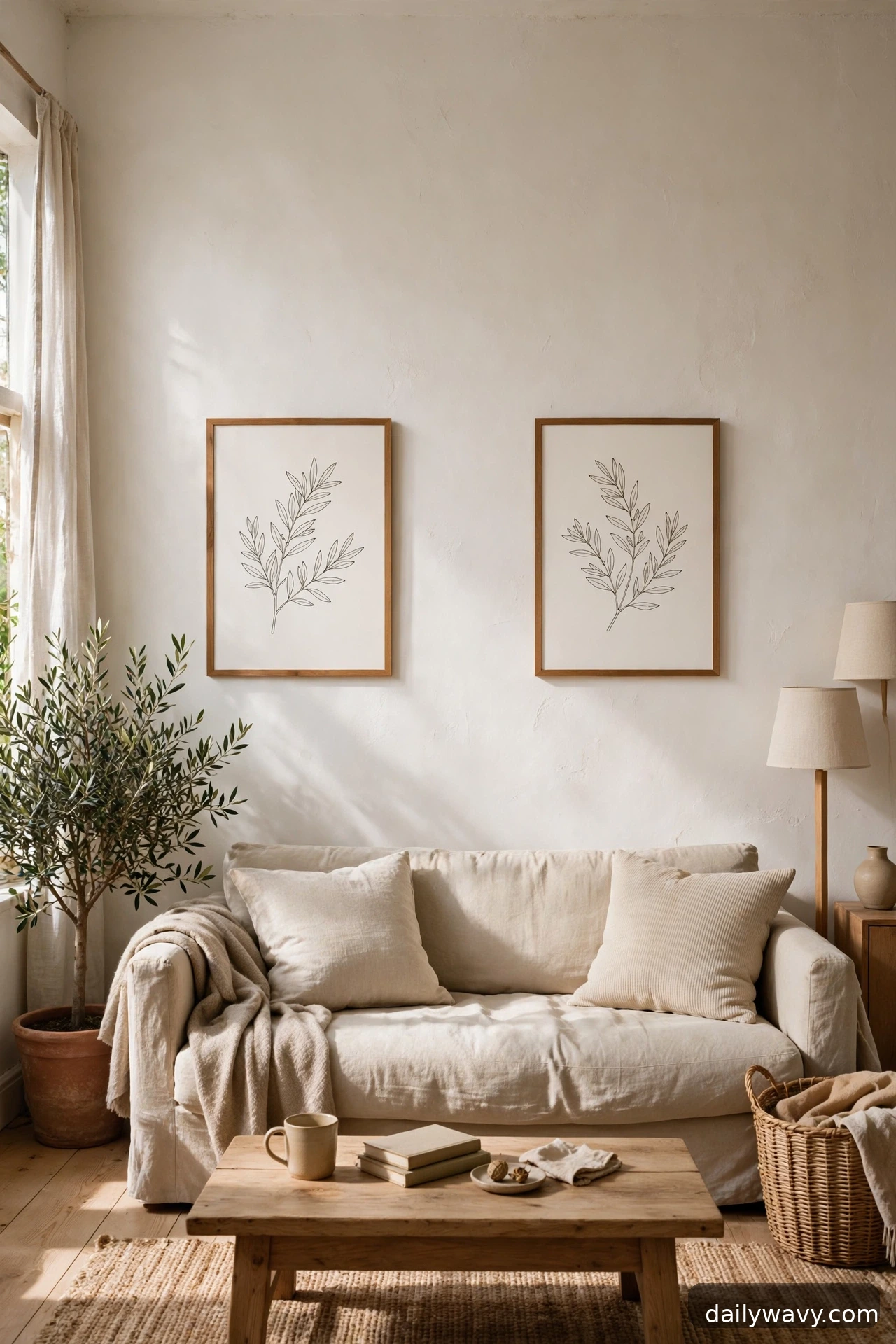 A paired composition with generous space in a living room gallery wall