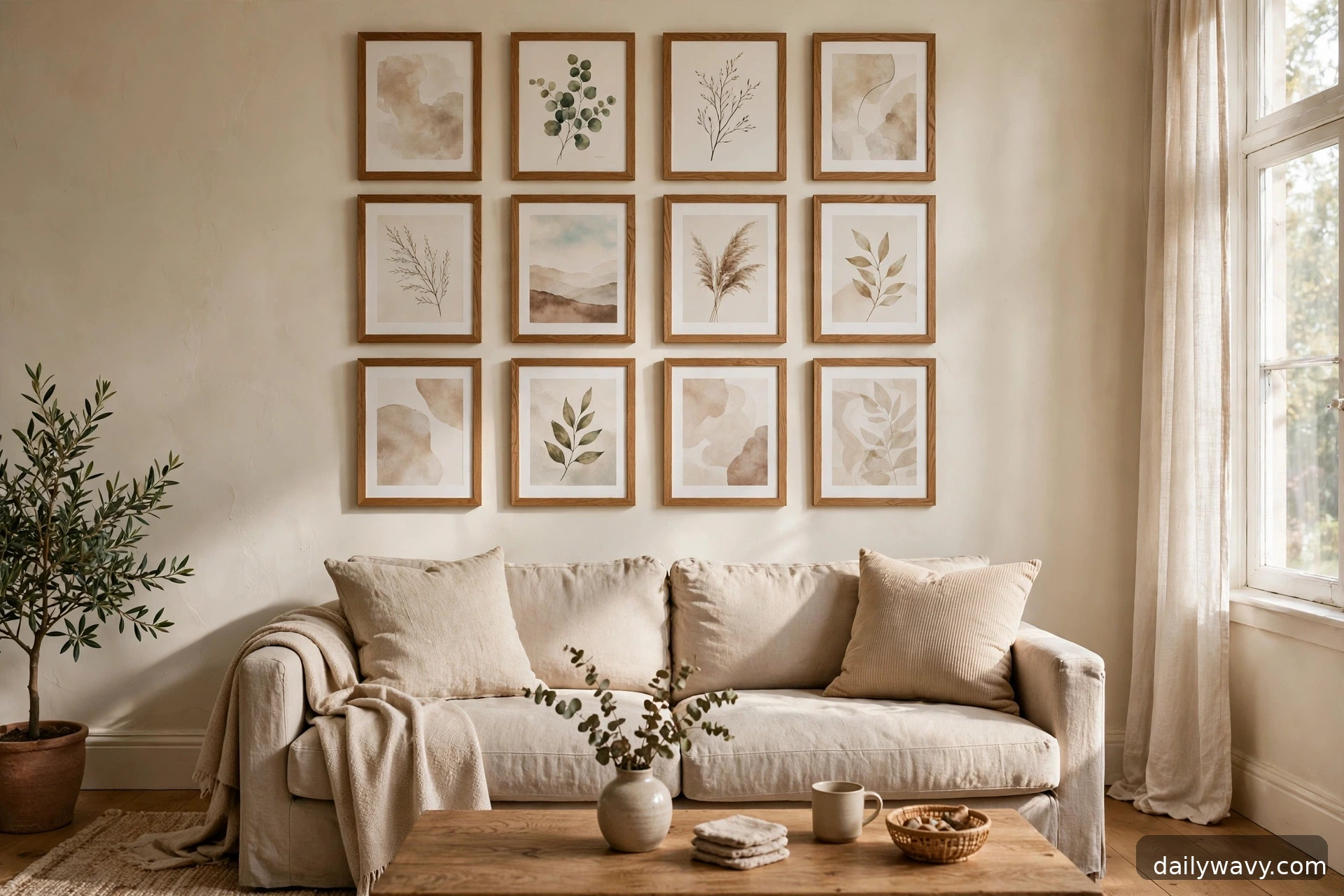Living room gallery wall shown in a complete styled scene