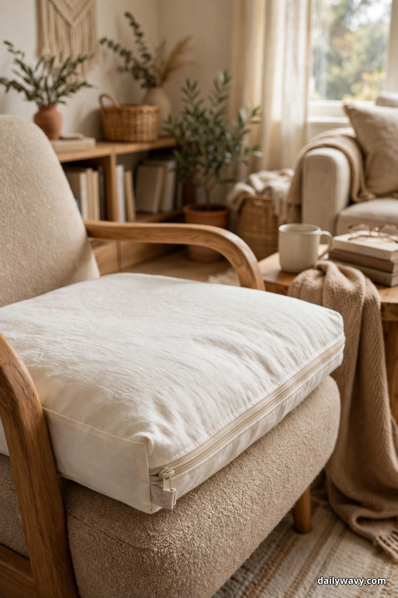 A close view shows a cream zippered cushion cover on the seat of a boucle armchair with curved wood arms, with a mug, stacked books and reading glasses on the side table behind and a low bookcase with plants in the soft-focus background