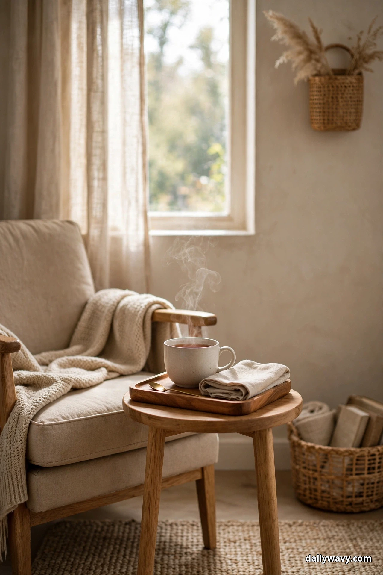 A wood tray on a round wood side table holds a steaming white mug of tea, a brass spoon and a folded linen napkin beside a beige armchair with a chunky knit throw, with a woven basket of books on the floor below a hanging basket of pampas grass