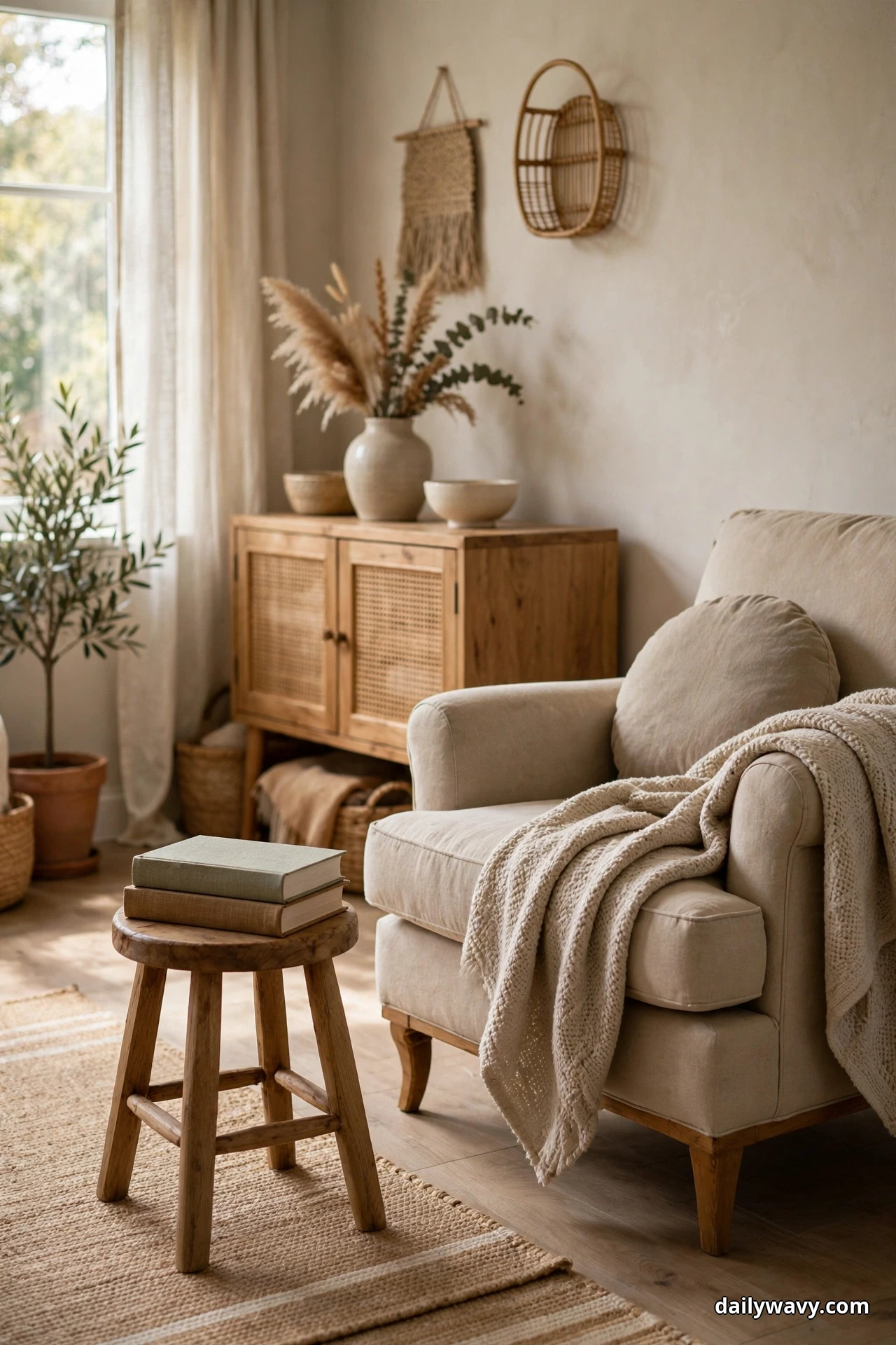 Two hardcover books are stacked on a round rustic wood stool beside a beige armchair draped with a chunky knit throw, in front of a cane-front wood cabinet topped with a stoneware vase of pampas grass and eucalyptus