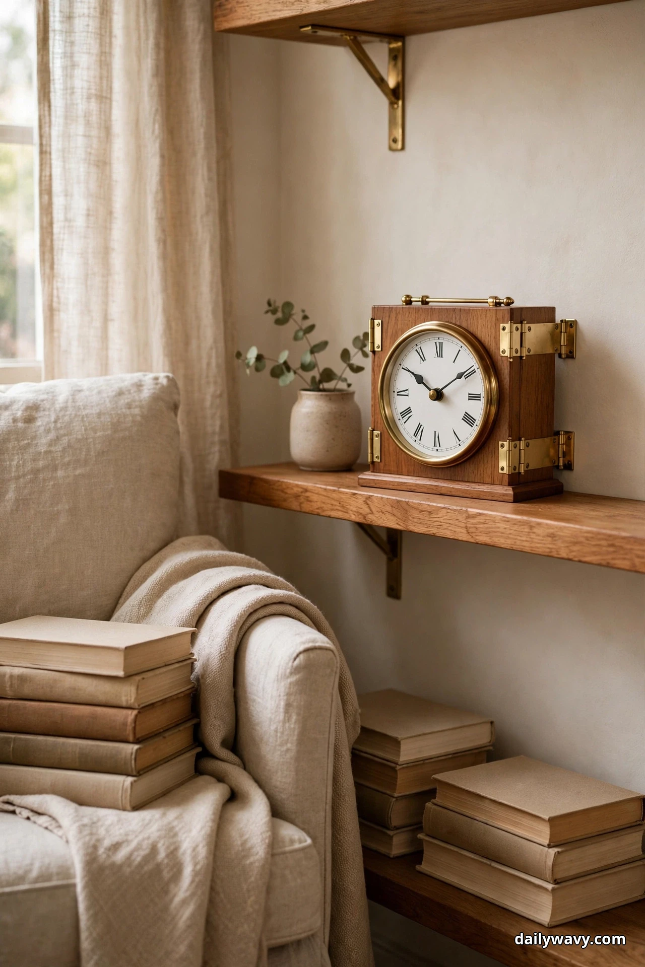 A wood and brass analog clock with Roman numerals sits on a wood floating shelf beside a small stoneware vase with eucalyptus, above a lower shelf of stacked books and next to a linen armchair with a throw and a stack of books on its seat