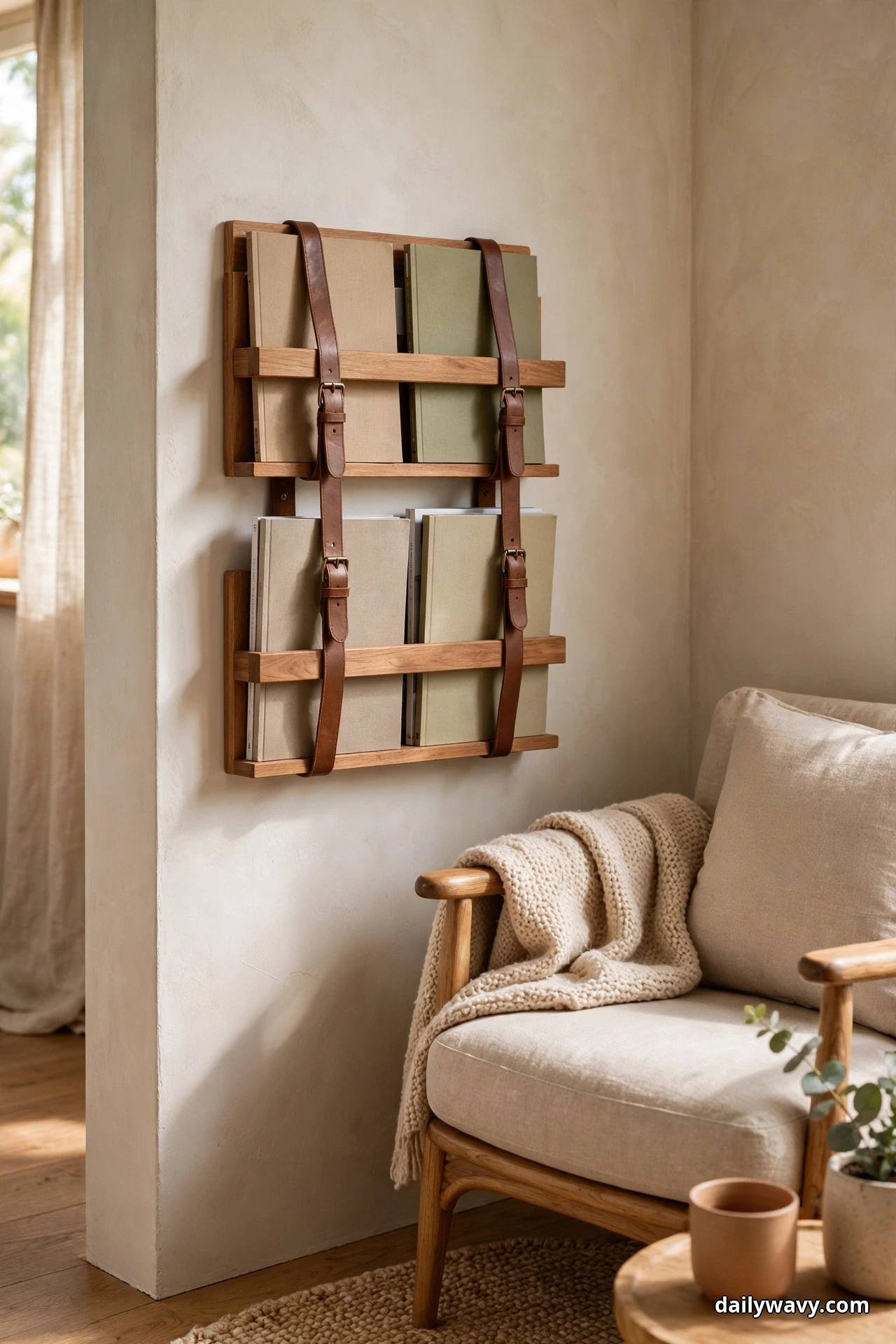 A two-tier wood wall rack with brown leather straps holds magazines and books on the wall beside a wood-frame linen armchair with a chunky knit throw, with a small side table holding a terracotta cup and a potted eucalyptus in the foreground