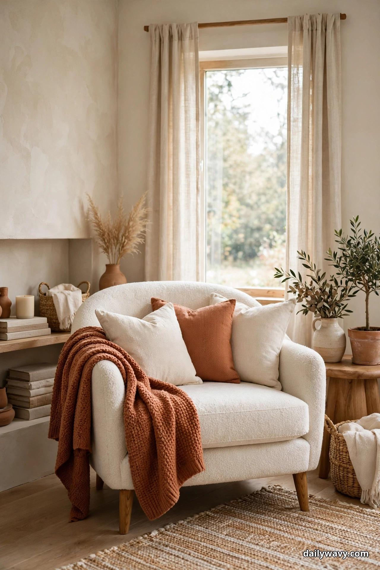 A cream boucle armchair holds a terracotta cushion and a matching terracotta chunky knit throw between two cream cushions, beside a tall window with linen curtains and a wood side table with a potted olive tree