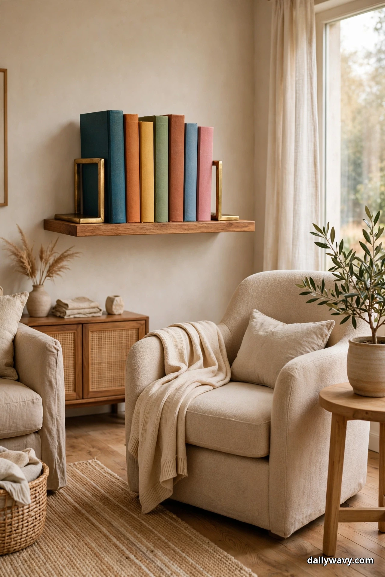 A row of colorful hardcover books stands between two brass bookends on a wood floating shelf above a beige armchair with a cream throw, with a cane-front cabinet and a potted olive on a side table nearby