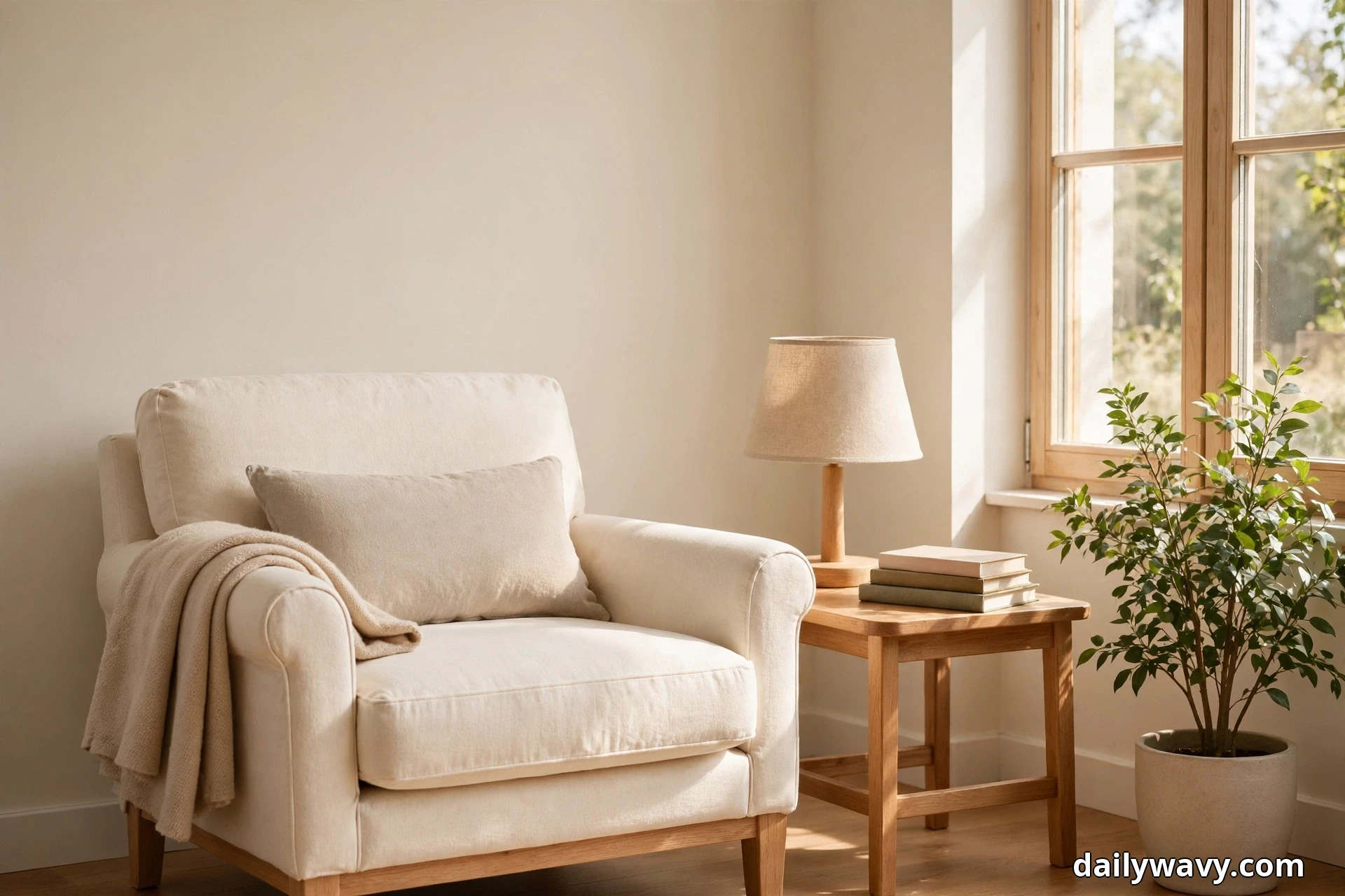 A wide view shows a cream linen armchair with a beige lumbar pillow and a folded throw on its arm beside a wood side table holding a linen-shade lamp and a stack of books, with a leafy potted plant in a stone pot by the tall window at the right