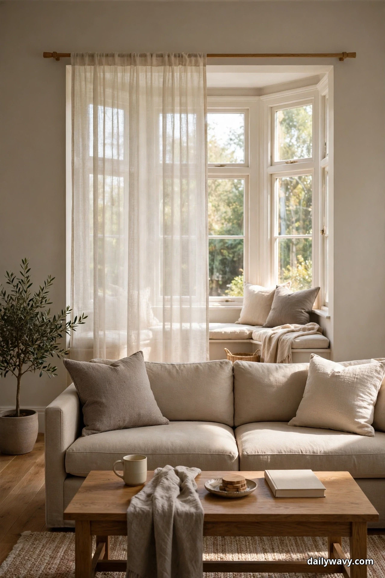 A sheer linen curtain hangs across the opening of a bay window behind a beige sofa and a wooden coffee table, with a cushioned window seat visible through the fabric