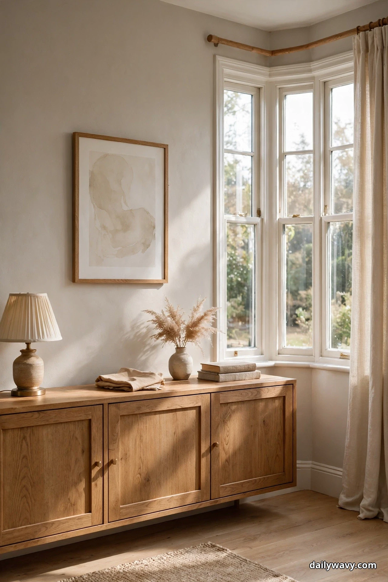 A low three-door wooden cabinet stands on the wall beside a bay window with a framed abstract print centered above it and a table lamp at one end