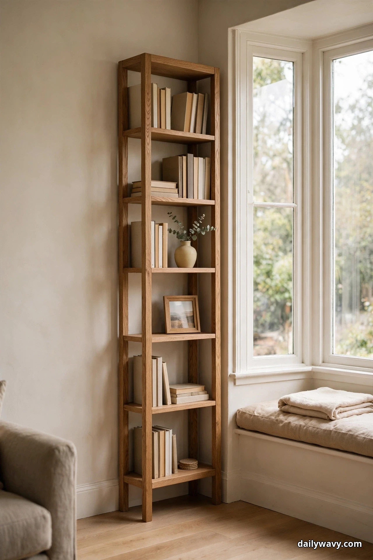 A tall narrow wooden bookcase filled with books stands on the slim wall beside a bay window, next to a cushioned window seat