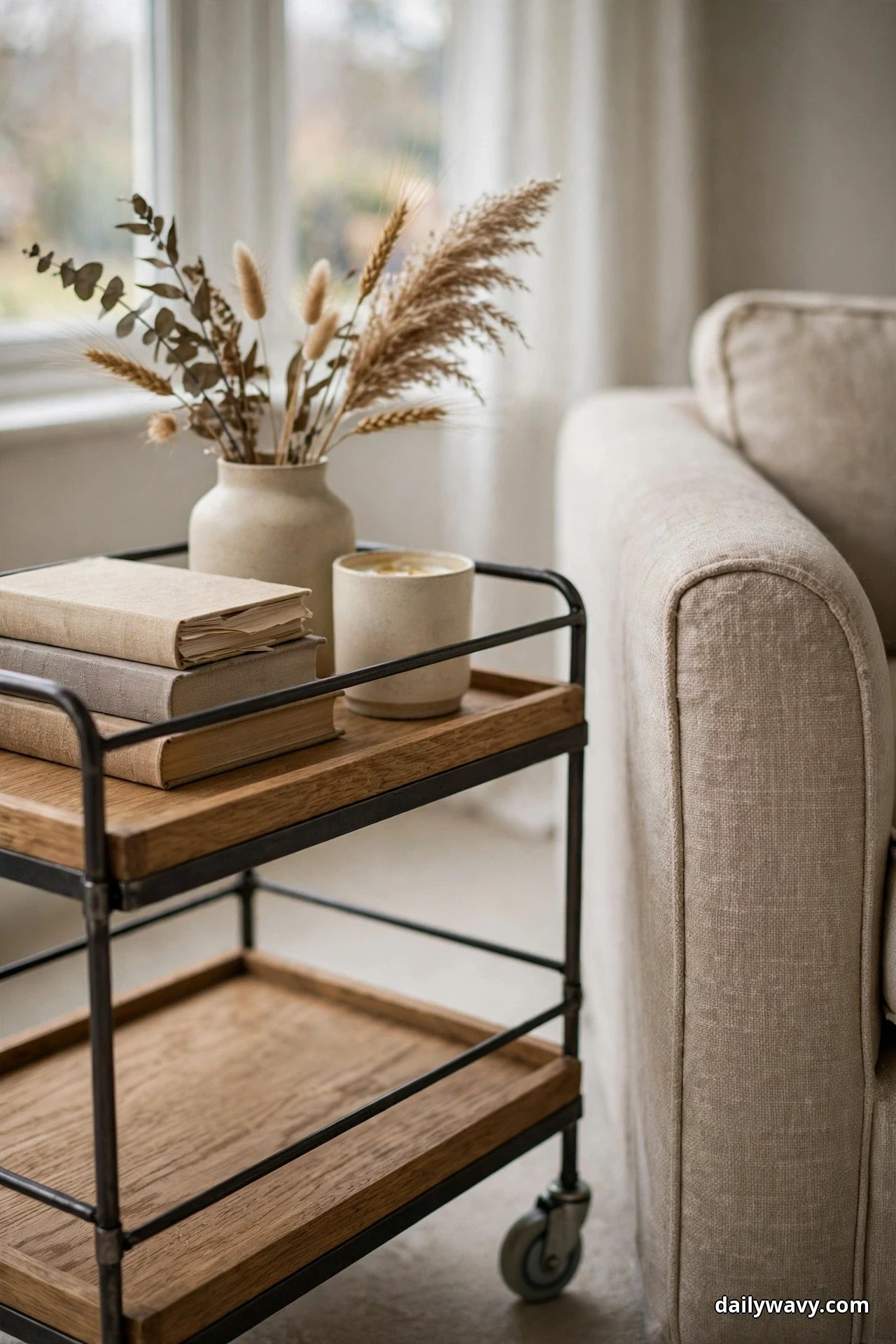 A two-tier wooden cart with a black metal frame and caster wheels stands beside a sofa arm, its top tier holding stacked books and a ceramic vase