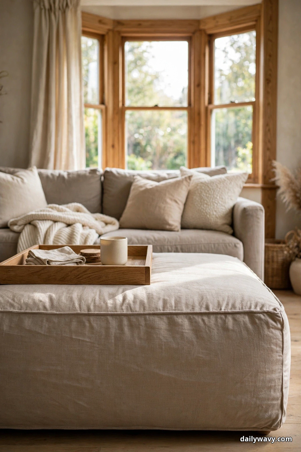 A large linen storage ottoman with a wooden tray holding a mug sits in front of a beige sofa, with a wood-trimmed bay window behind