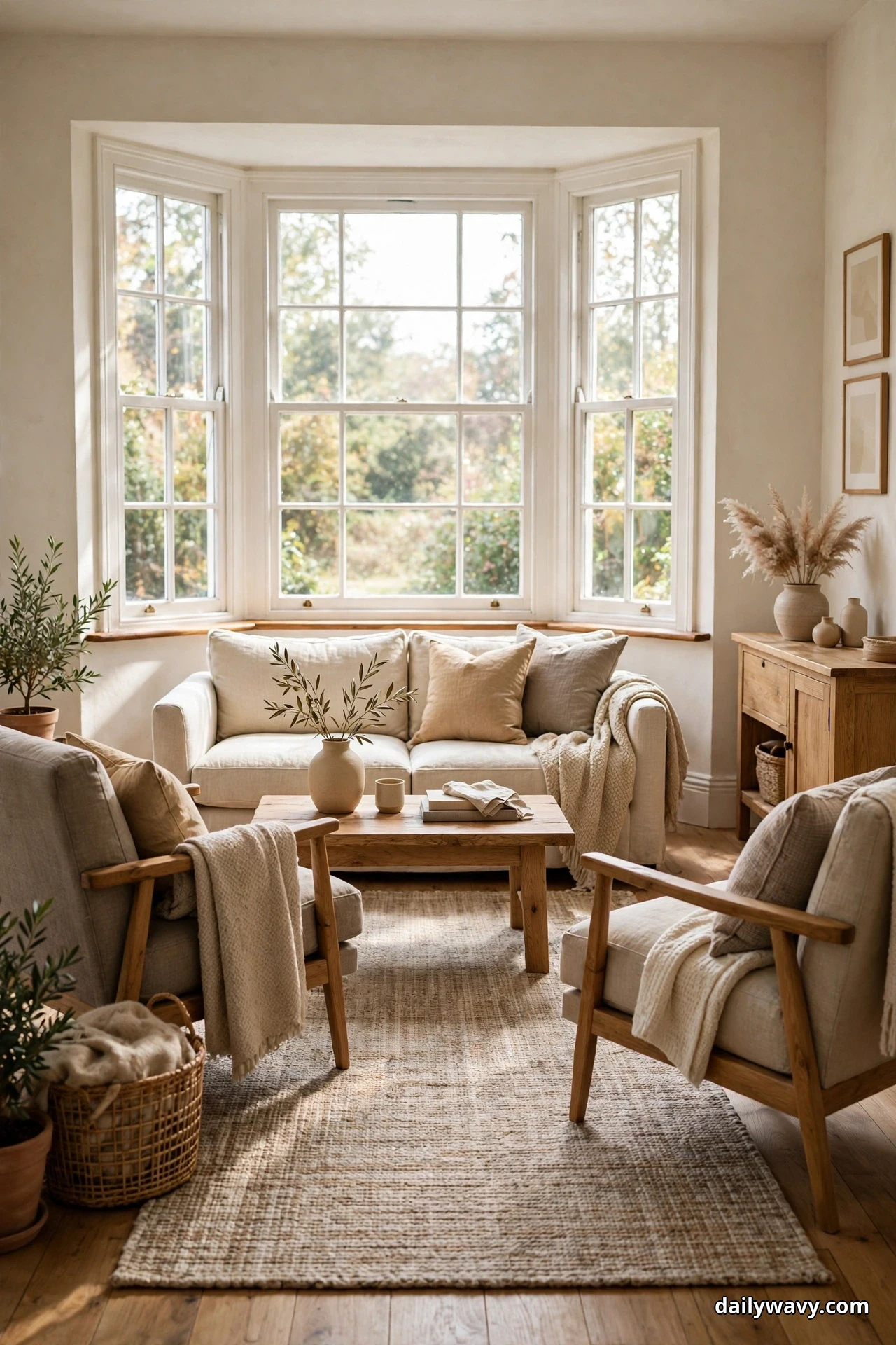 A low-pile woven rug runs under a seating group of a sofa, two wooden armchairs and a coffee table in front of a wide bay window