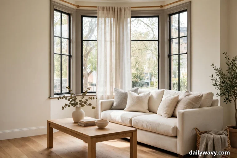 A cream sofa with textured neutral cushions faces a light wood coffee table in front of a tall bay window with black-framed panes, a sheer linen curtain panel hanging at the center of the bay