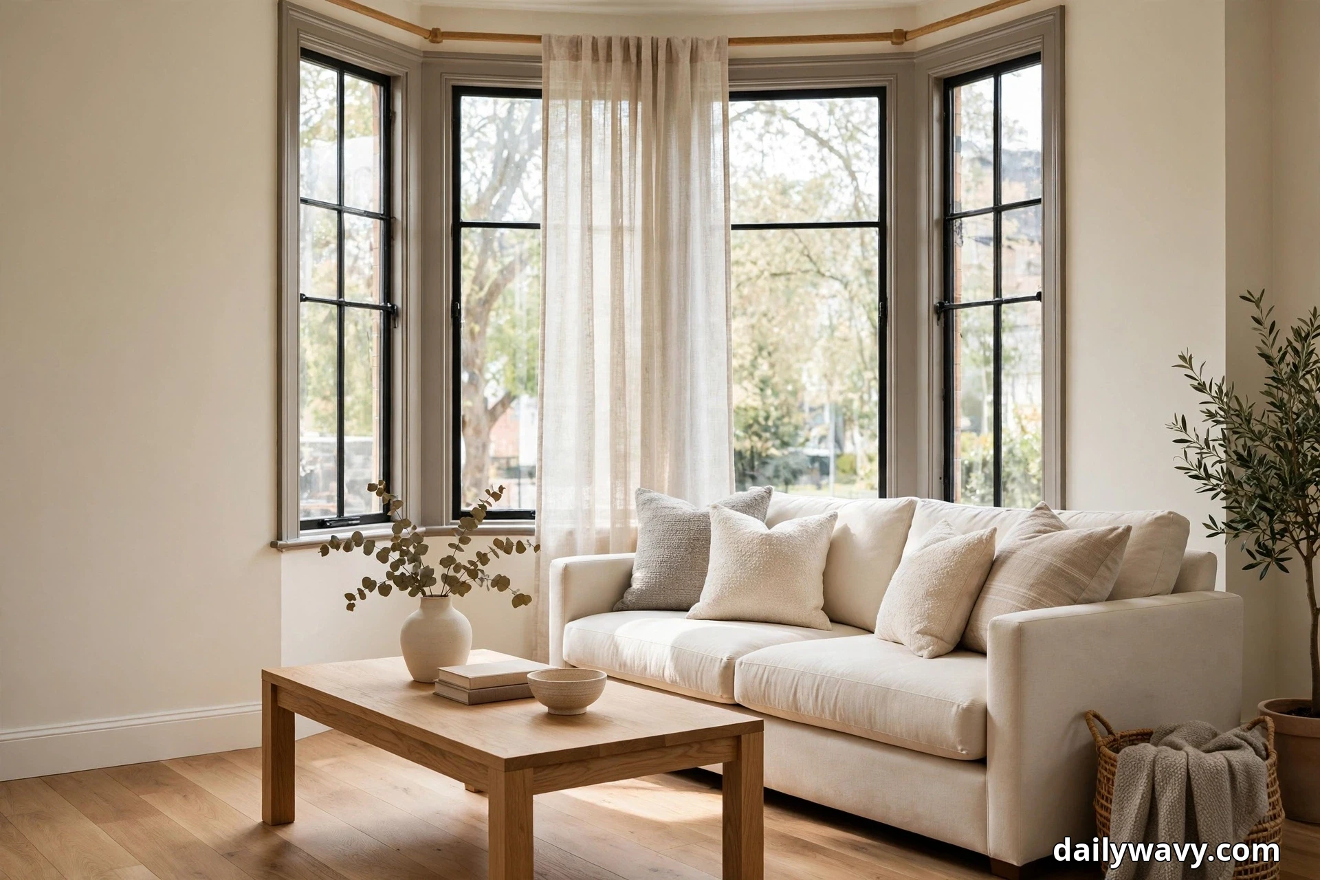 A cream sofa with textured neutral cushions faces a light wood coffee table in front of a tall bay window with black-framed panes, a sheer linen curtain panel hanging at the center of the bay