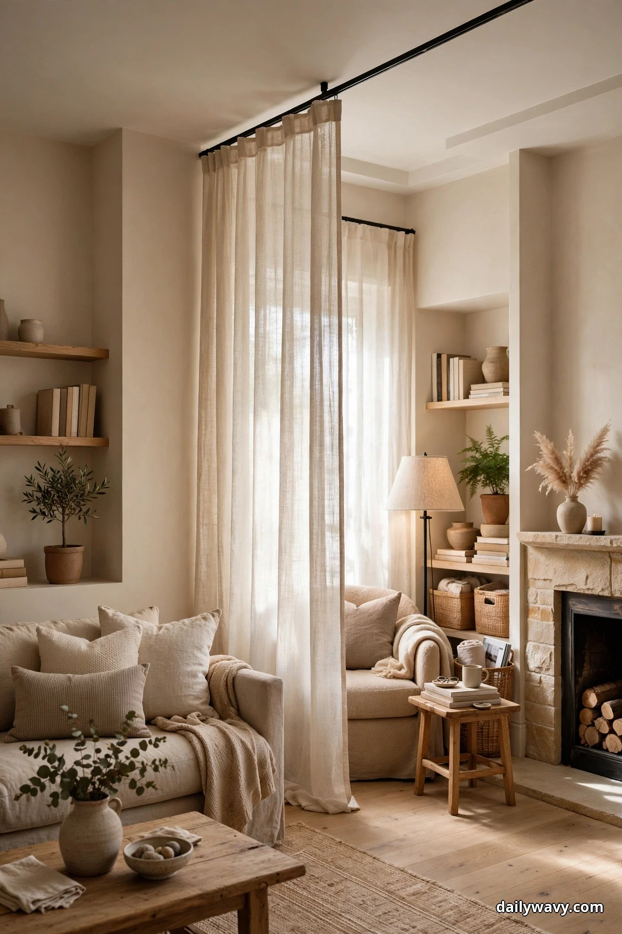 A sheer linen curtain hangs from a black ceiling track between a sofa and an armchair, with a stone fireplace at the right of the room