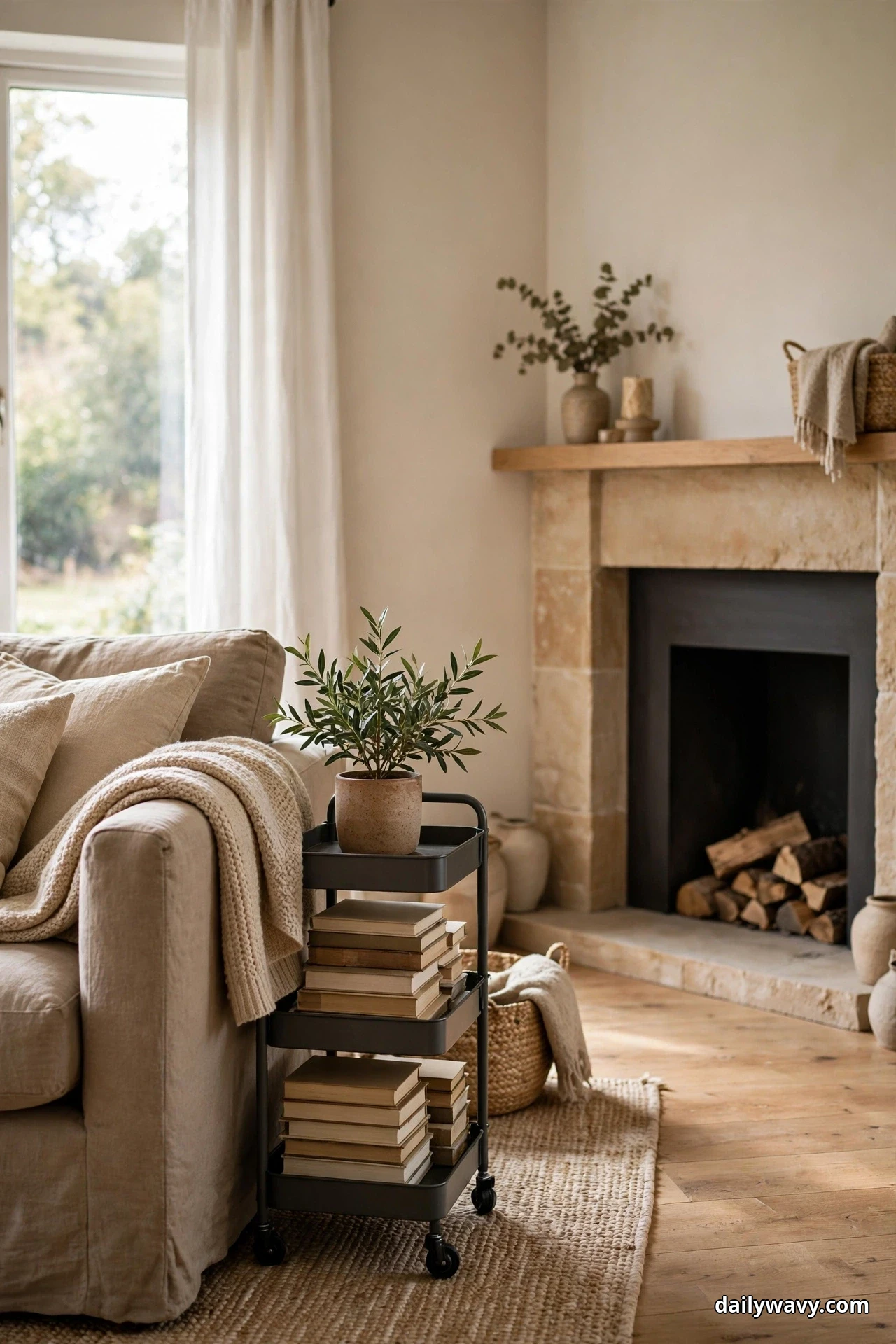 A black three-tier rolling cart loaded with books and a potted plant stands beside a beige sofa near a stone fireplace