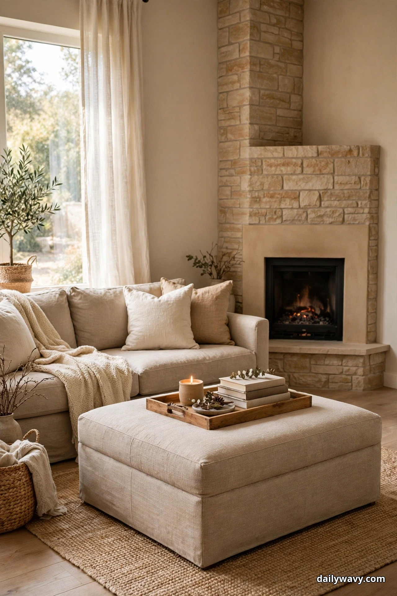 A large square linen ottoman topped with a wooden tray and a stack of books sits in front of a beige sofa facing a lit stone fireplace